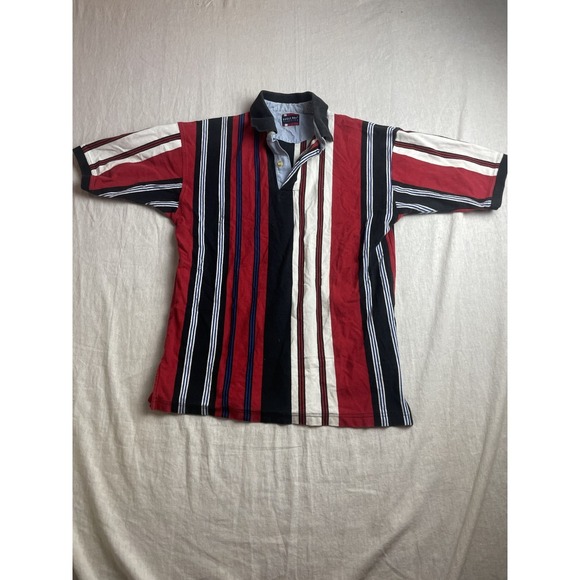 Vintage 90s Bugle Boy Polo Shirt Red Black Mens M Striped Retro Grunge Skater - Picture 1 of 5